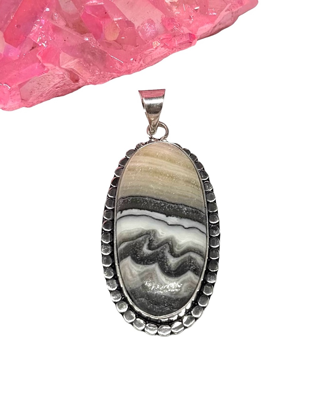 Zebra Calcite Necklace Pendant 925 Sterling Silver Overlay